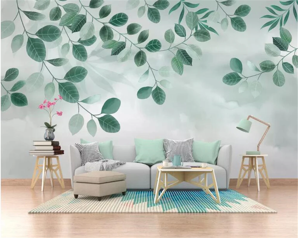 Обои на заказ небольшой свежий зеленый лист растения акварель ТВ фон стены papel де