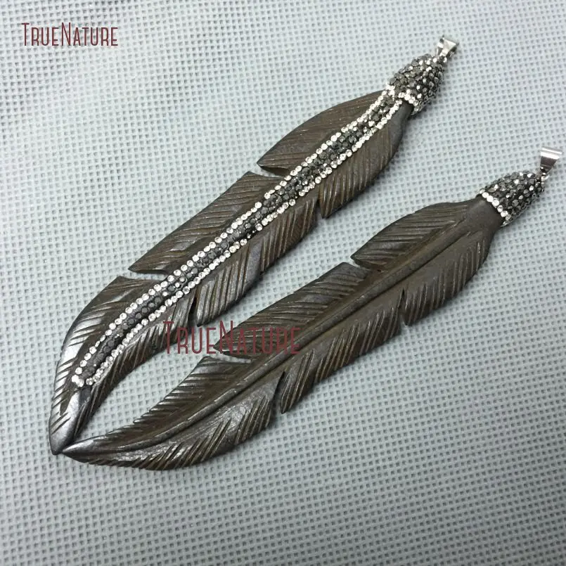 Black Ox Bone Feather Pendant Gunmetal Rhinestone Pave PM3084 | Украшения и аксессуары