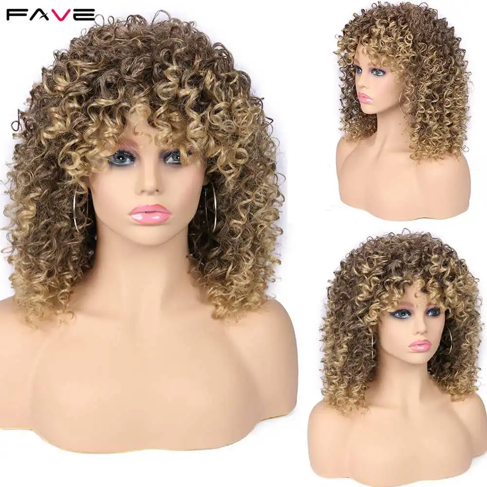 

FAVE Afro Kinky Curly Wig With Bangs Synthetic Wigs Heat Resistant Fiber Ombre Dark Light Brown Gradient Color For Black Women