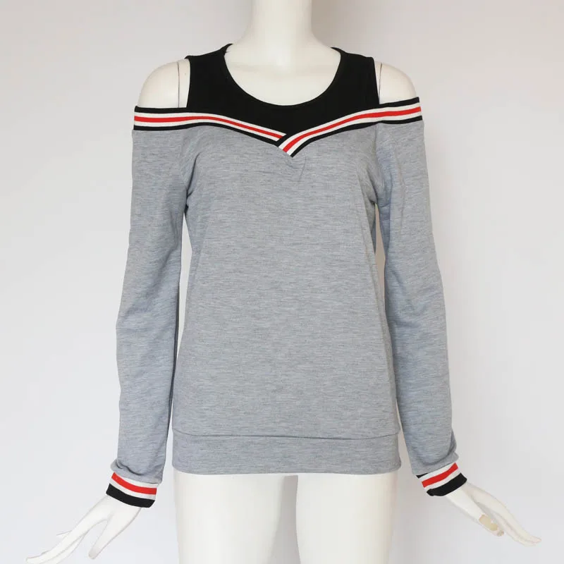 Female Jumper Sweatshirt Off Shoulder Patchwork Hoodies Top Autumn Winter Crew Neck Pullovers Tracksuit Ladies Tops