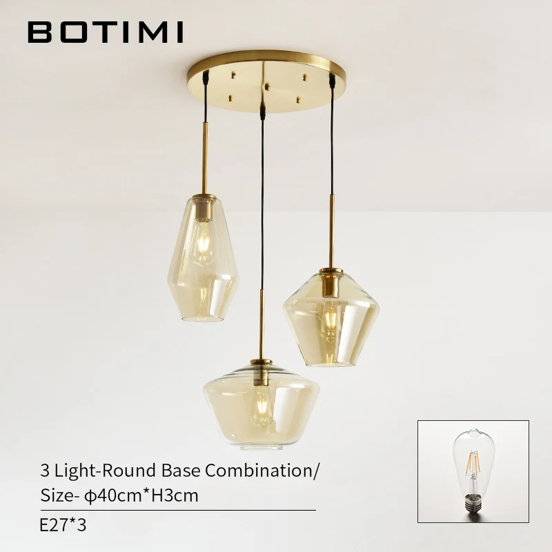 3 Light-Round Base BOTIMI Трехместный 220 В светодиодный подвесной светильник с янтарным стеклом абажур современный подвесной светильник для столовой металлический кухонный светильник ing - Цвет корпуса: 3 Light-Round Base