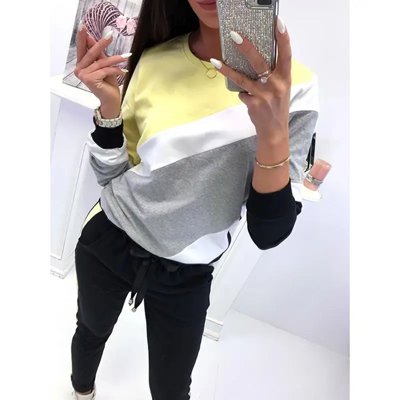 

2020 Autumn Sweatshirt Female Color Patchwork Causal Pullover O-Neck Hoodies Women Tops SJ097C
