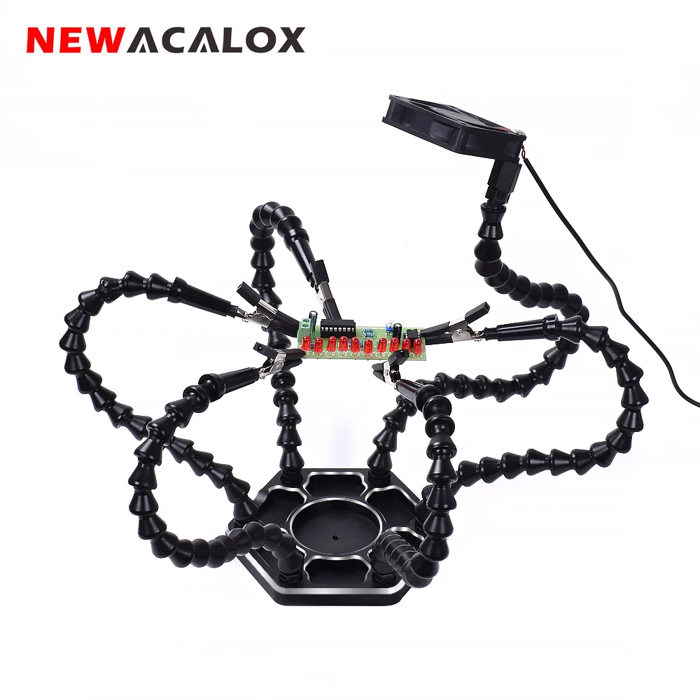 NEWACALOX Third Hand Helping Hands Soldering Station with USB Brushless DC Fan 6pc Flexible Arms Soldering Iron Holder Pana Tool