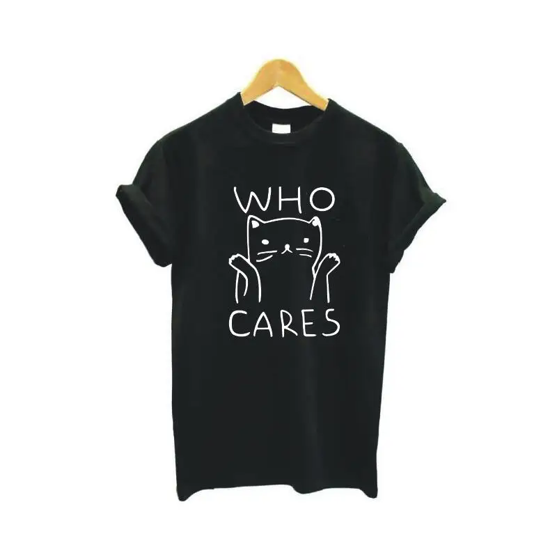 Who Cares Cat забавная графическая футболка Женские топы Летняя с коротким рукавом Femme