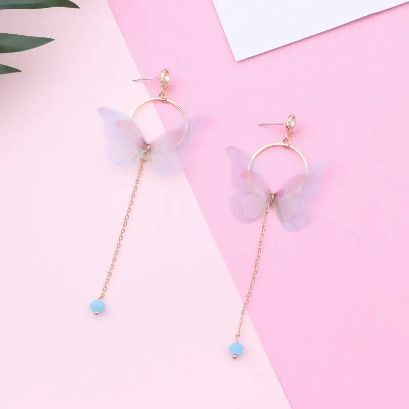 Женские длинные серьги Boucle D'oreille модные круглые бабочки с бусинами и