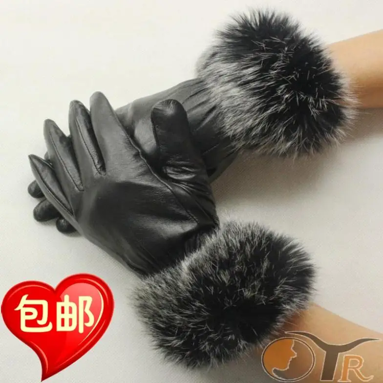 2014 new winter sheepskin gloves Ms. female black points mean cortical thickening fur leather ST200 | Аксессуары для одежды