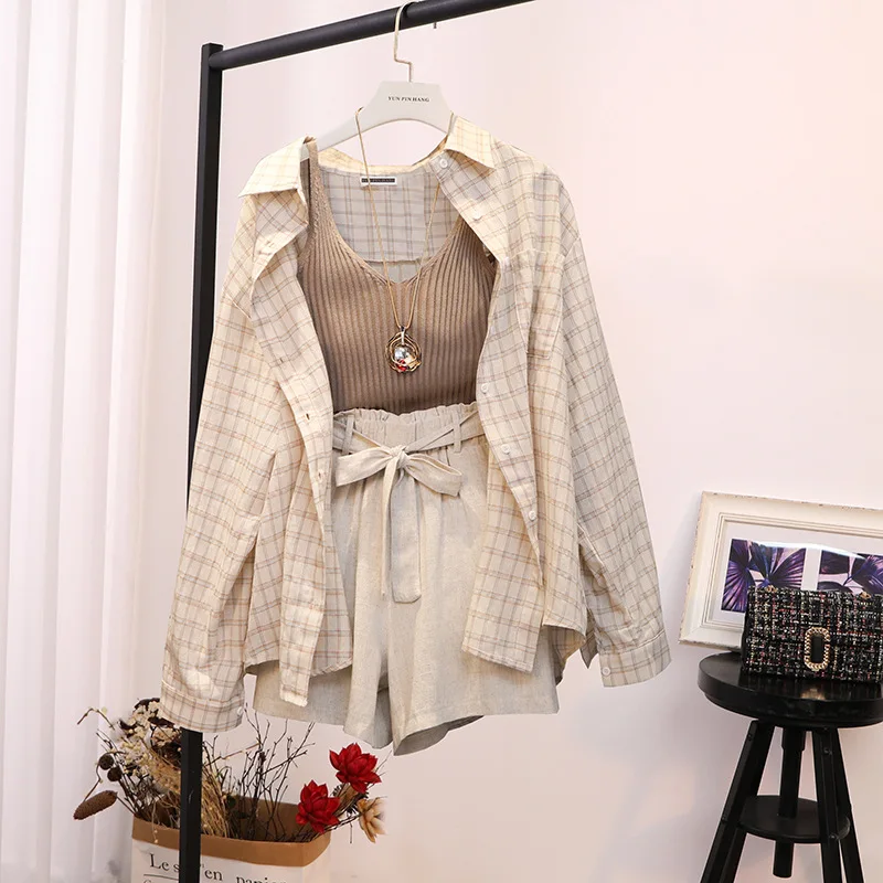 Женский осенний комплект из 3 предметов рубашка с длинным рукавом и однотонные