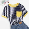 SHEIN Повседневная Полосатая Футболка Ranger с карманом и заплатками, женские топы, Летние Элегантные обычные женские футболки с коротким рукавом и круглым вырезом