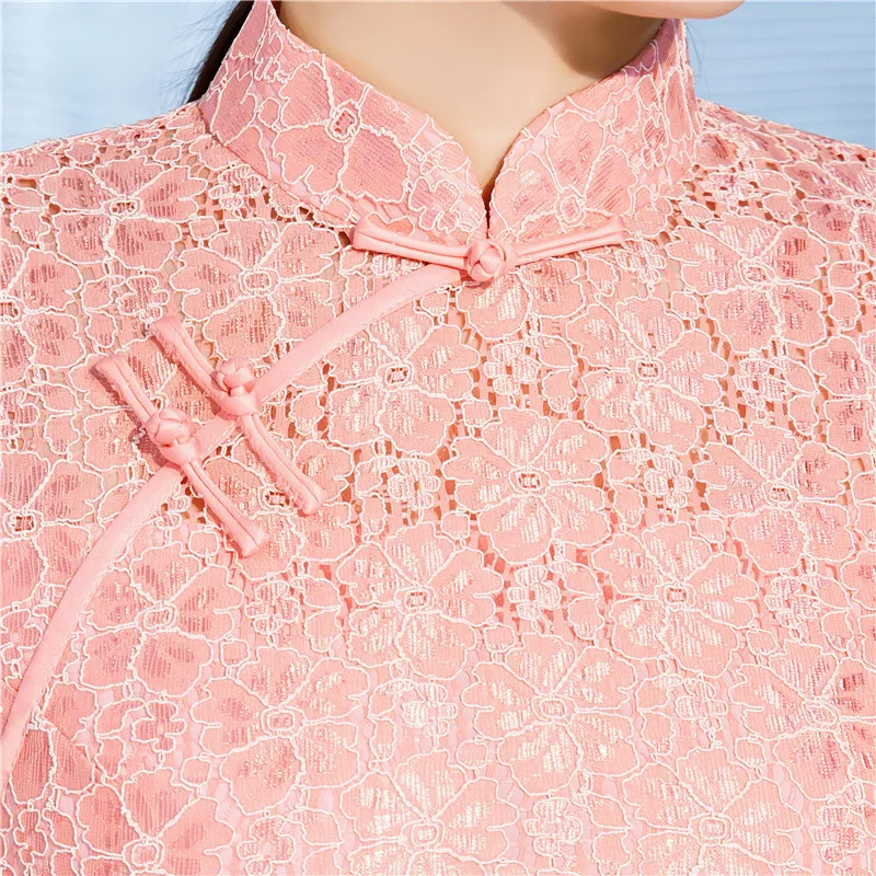 Модное розовое Новое Кружевное короткое Cheongsam современное китайское женское