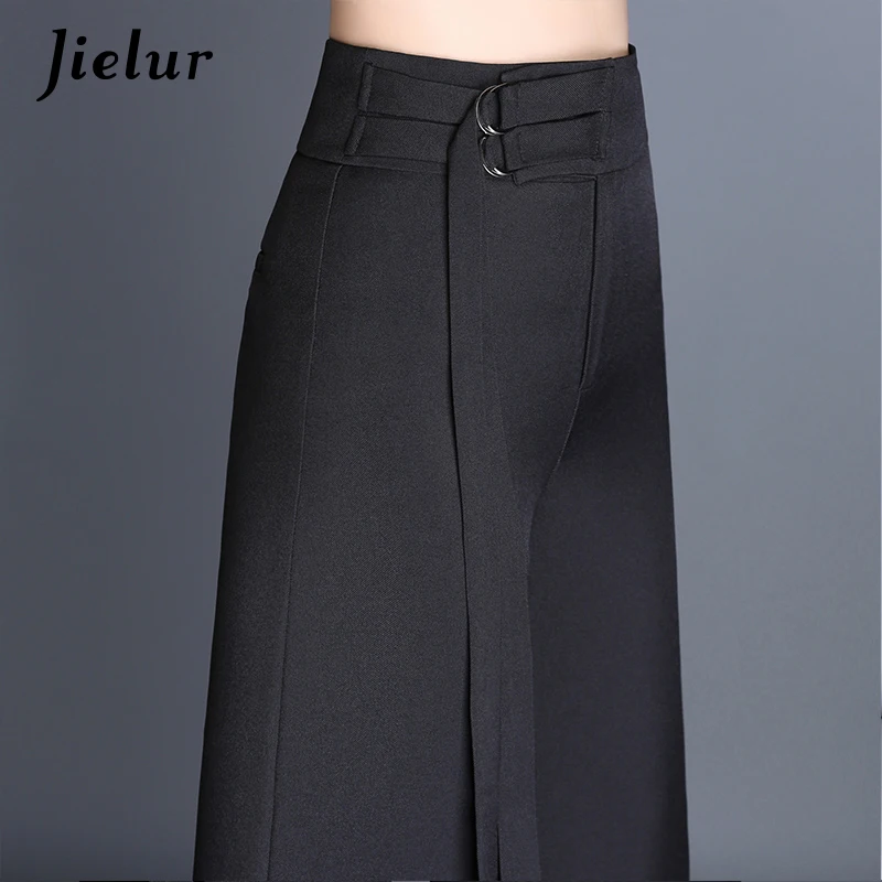 

Jielur Black High Waist Wide Leg Pants Female Autumn New Loose Straight Trousers for Women Fake Sashes Office Lady Formal Pants