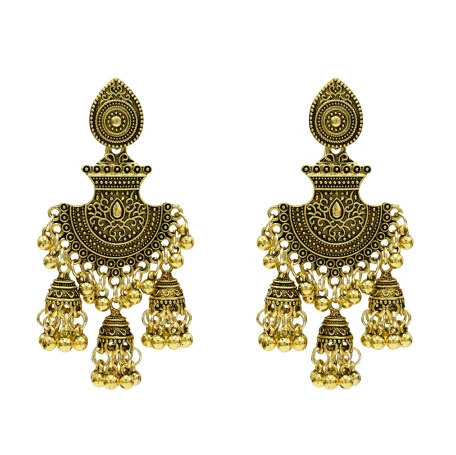 Индийские серьги для женщин, окисленная Jhumka, золото, серебро, большая Длинная кисточка, колокольчики, висячие серьги, цыганская турка, Этнические украшения - Окраска металла: Gold Metal