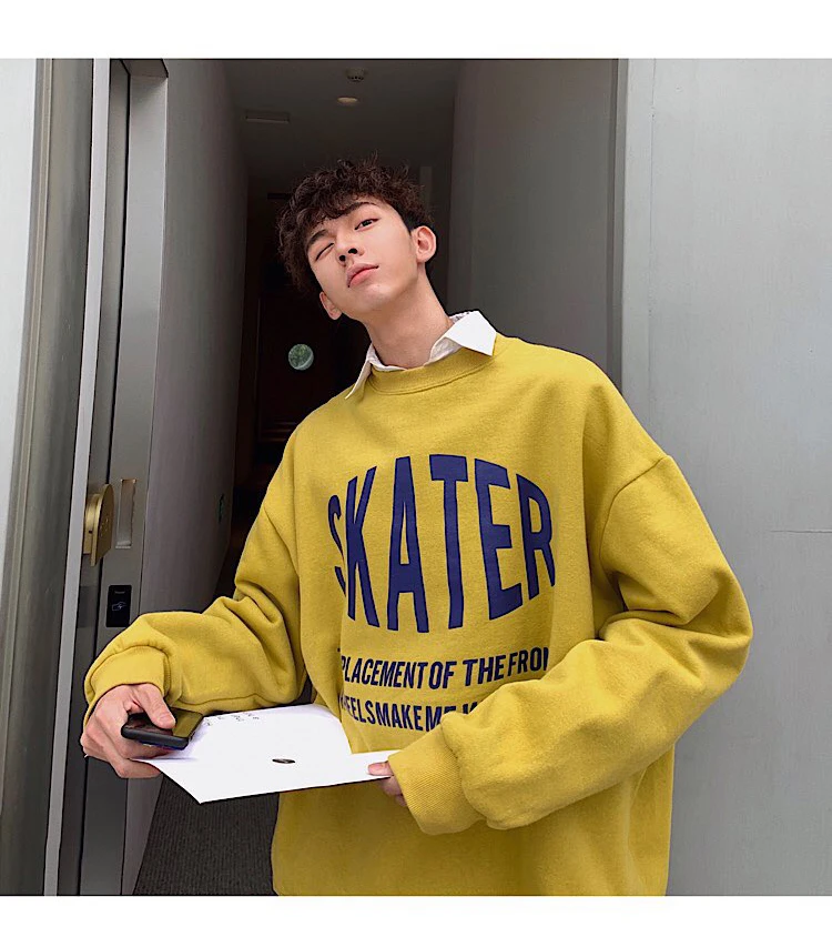 Spring And Autumn New Personality Trend Print Hoodie Loose Casual Round Neck Pullover Black / White / Yellow M-XL