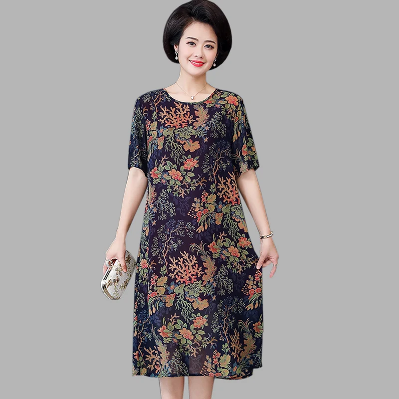 

vintage Chiffon Dress women 2019 Summer new elegant Print Short sleeve dress temperament Large size L-5XL O-Neck dress women