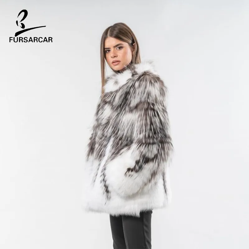 Женская Шуба с лисьим мехом FURSARCAR коричневое/белое пальто на натуральном меху 2019 |