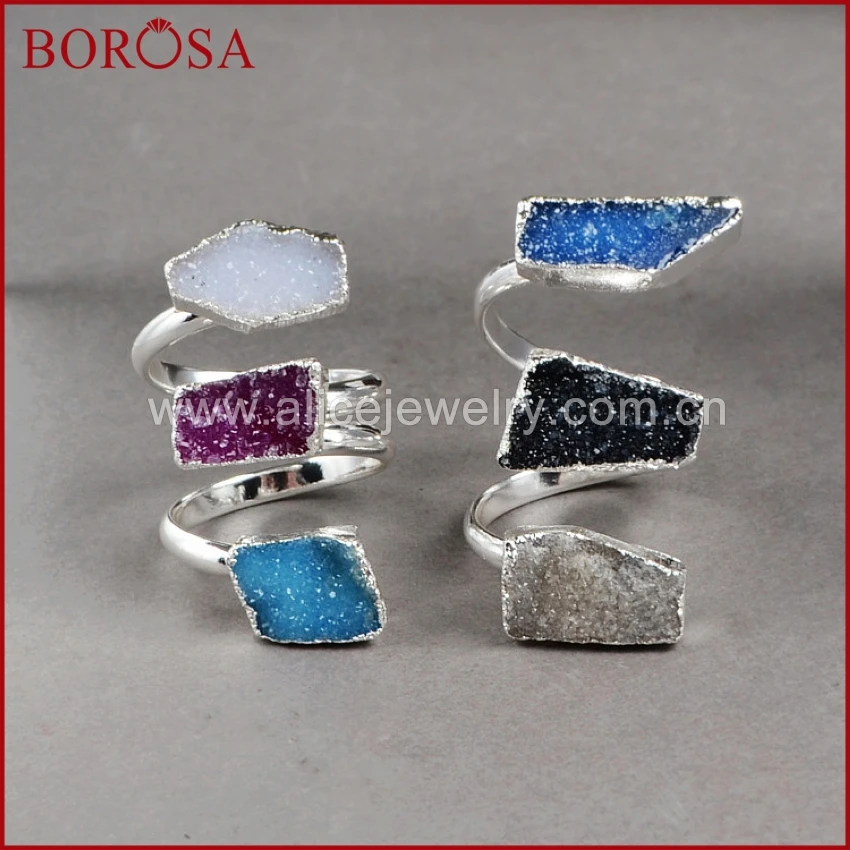 BOROSA Три Камни Друза кольцо окрашенный цвет натуральный Агаты Drusy Geode Серебристый