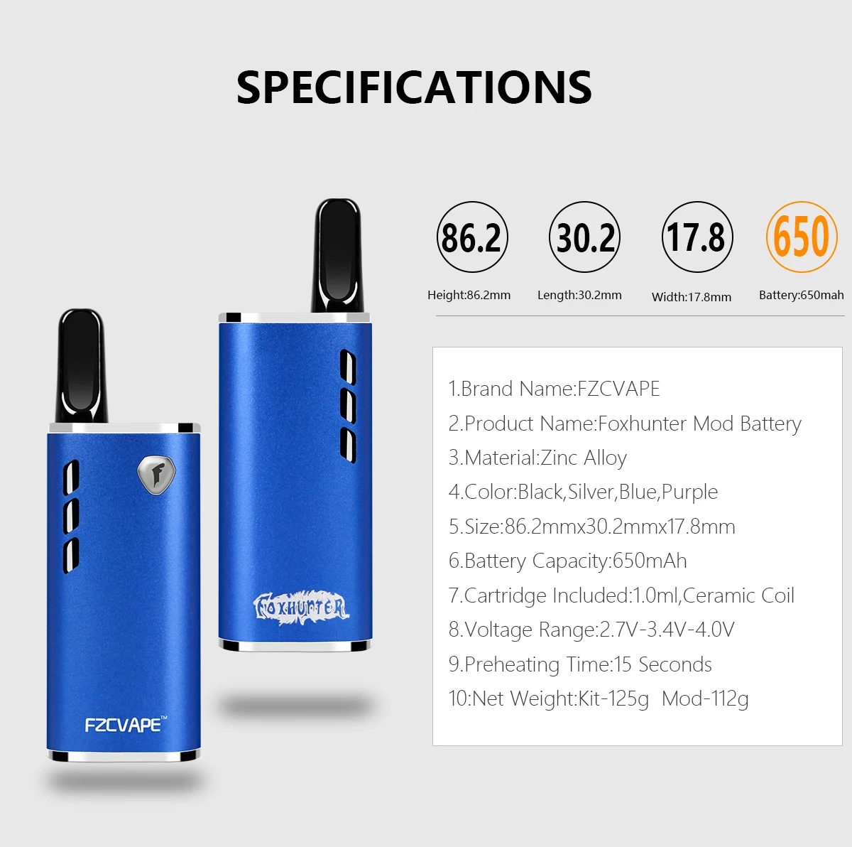 Электронная сигарета мод FZCVAPE Foxhunter Vape коробка мод 650mAh Подогрев батареи переменное напряжение электронная сигарета испаритель мод