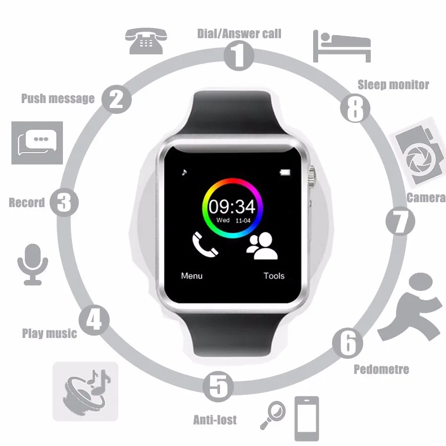 YUNSONG A1 Smart watch Bluetooth Wristwatch for Apple iPhone IOS Android Phone Intelligent Clock Sport Watch PKDZ09 GV18GT08 | Электроника