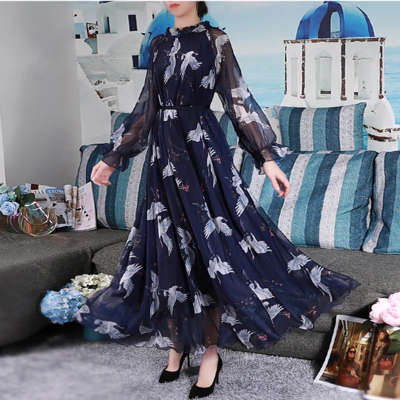 Ruffle collar vintage Printed Long Sleeve Runway High quality womens Maxi Dress Holiday Beach Plus Sizes flowy dress | Женская одежда