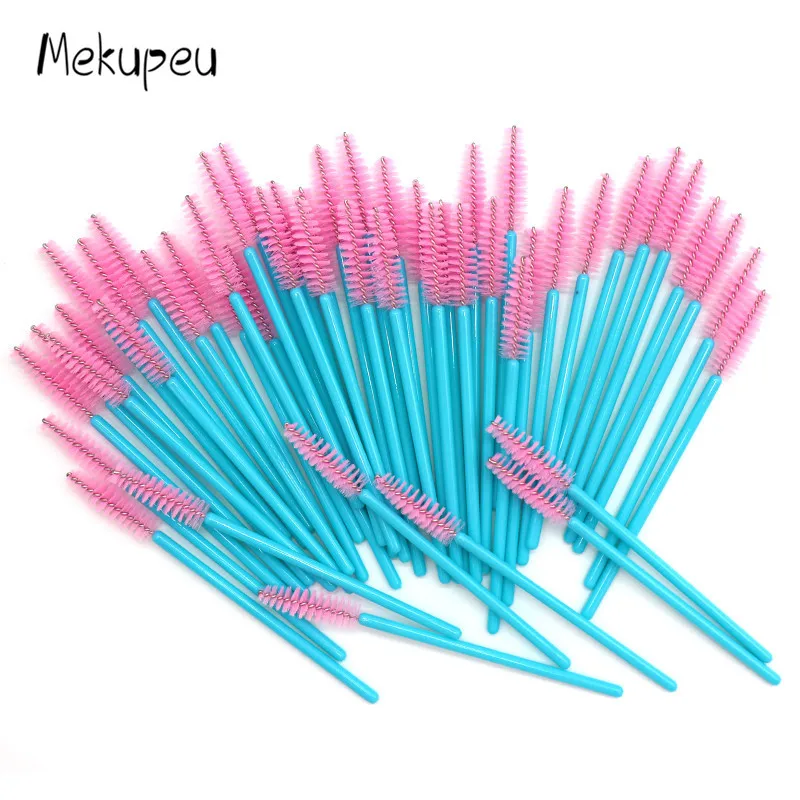 blue pink 50 шт./лот, нейлоновая золотисто-синяя ручка, палочки для туши, аппликатор, одноразовая кисть для ресниц, для наращивания ресниц, кисти для макияжа - Handle Color: blue pink
