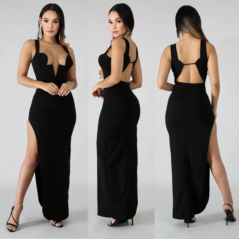Женское черное длинное платье с высоким разрезом и открытой спиной сексуальное