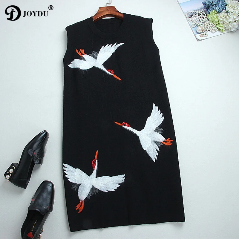 JOYDU vestido 2018 Winter Fashion Runway Red-crowned Crane Embroidery Midi Party Dress Office Sleeveless Knitted Sweater Dresses | Женская