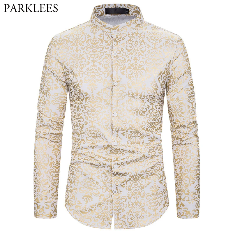 

Men's Paisley Floral Gold Shiny Printed Tuxedo Shirt Brand Banded Collar Slim Fit Dress Shirt Men Wedding Party Baroque Chemise