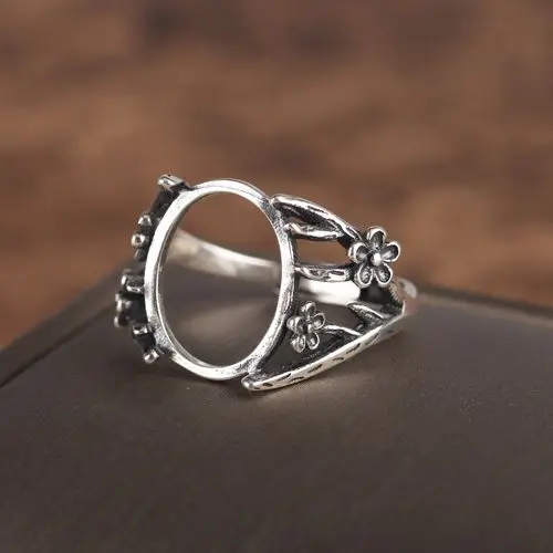 Art Nouveau Vintage 925 Silver Flower Ring Semi Mount 12x15mm Oval Cabochon Amber Agate Opal Fine Jewelry Setting DIY Stone | Украшения и