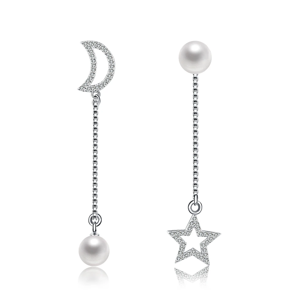 Модные сверкающие стерлингового серебра Белый с позолотой Перл луна и звезды