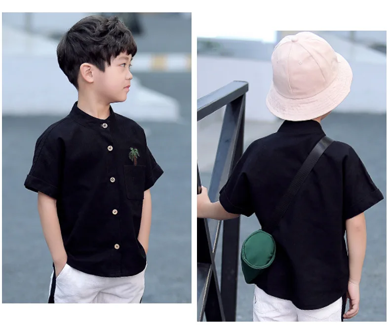 Hot sale Summer Children's Solid Color Shirt Boy Cotton Embroidered Boys Casual Short-Sleeved black/white 4-12T | Детская одежда и