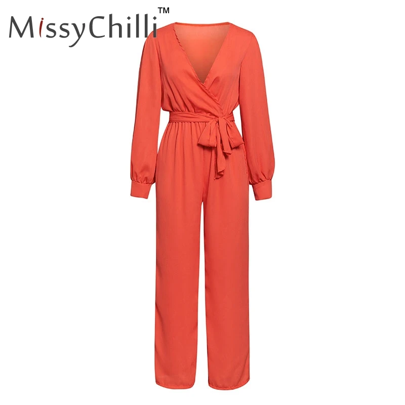 Красный MissyChilli сексуальный шифоновый летний комбинезон с v-образным вырезом Женские Красные кружевные комбинезоны с завышенной талией женские элегантные большие размеры длинный комбинезон XL - Цвет: Красный