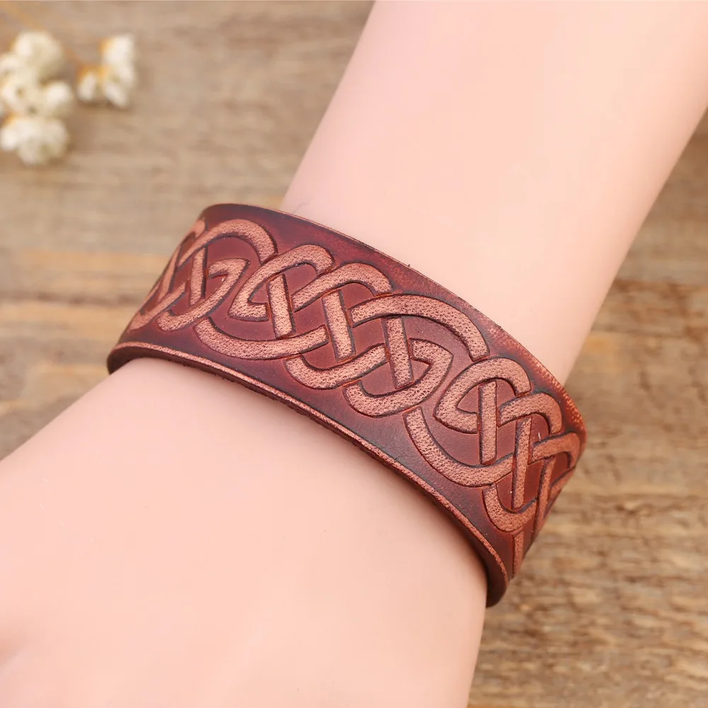 Teamer New Arrival Mens Religious Irish Knot Work Genuine Leather Bangles Cuff Bracelets Viking Tunes Talisman for Man | Украшения и