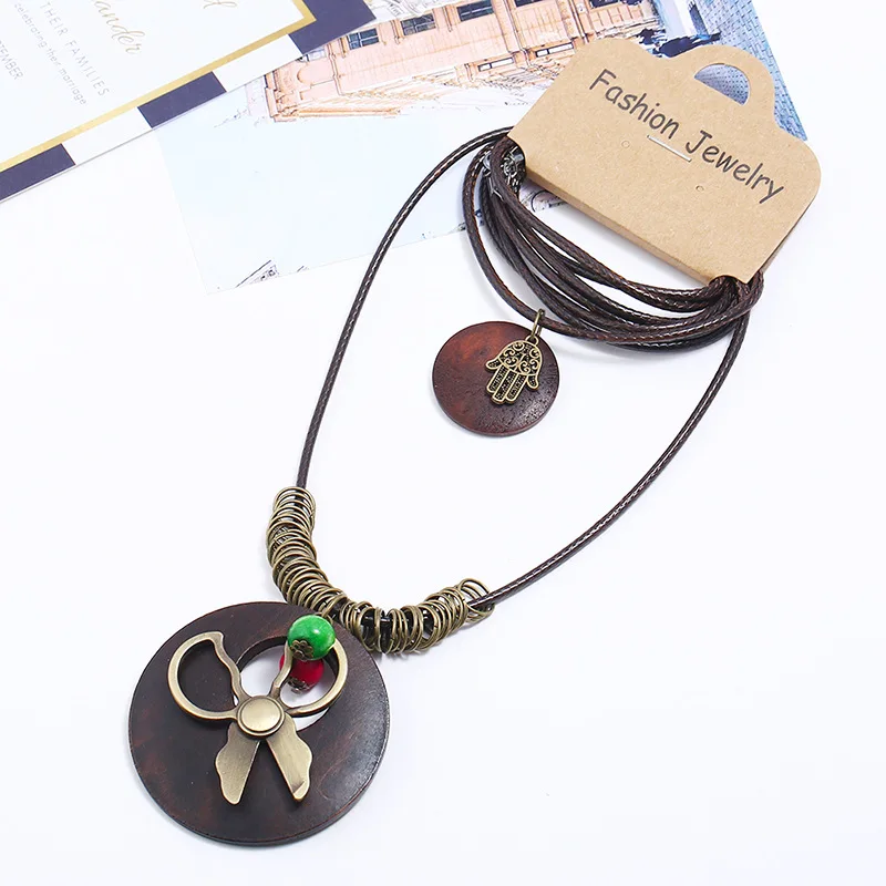 Scissors Hamsa Long Fashion Round Wood Vintage Alloy Charms Pendant Leather Necklace Women Men Sweater Chain Jewelry | Украшения и