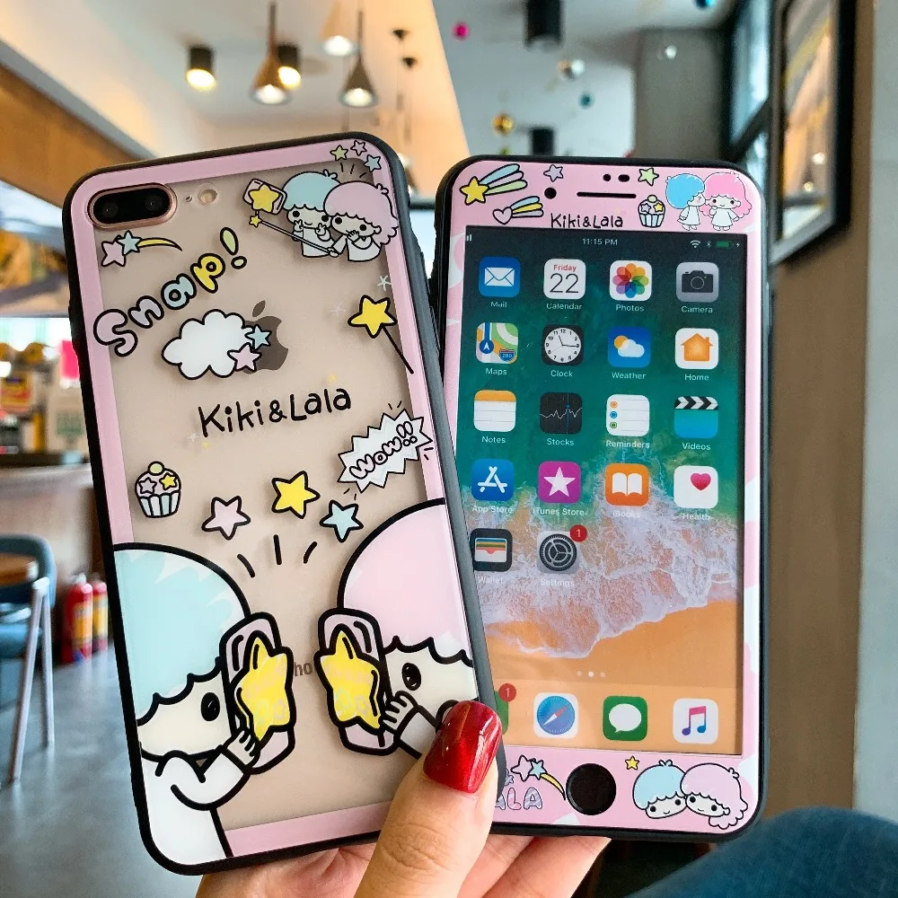 Cartoon LITTLE TWIN STARS Full Screen Protective Film+Tempered Glass Phone Case For iPhone XS XR MAX X 6 6S 7 8 Plus |