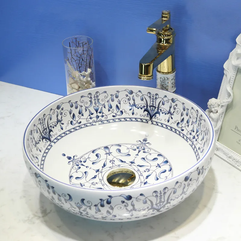 

Blue white Bathroom Lavabo Ceramic Counter Top Wash Basin Cloakroom Hand Painted Vessel Sink bathroom sink vintage wash basin