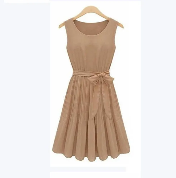 Free Shipping 2015 Summer Women's Casual Dress Elegance Bow Pleated Chiffon Vest Green&ampBrown Sleeveless Vestidos | Женская одежда