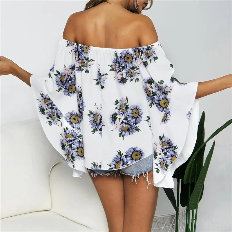 

Summer Fashion Floral Loose T Shirt Slash Neck Sexy Beach Casual Polyester Clothes