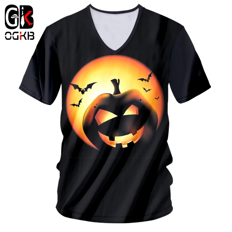 

OGKB Lady Large Size Leisure Tee Shirt 3D Printed Halloween Pumpkin The New Listing T-shirt Woman Spandex V Neck Tshirt