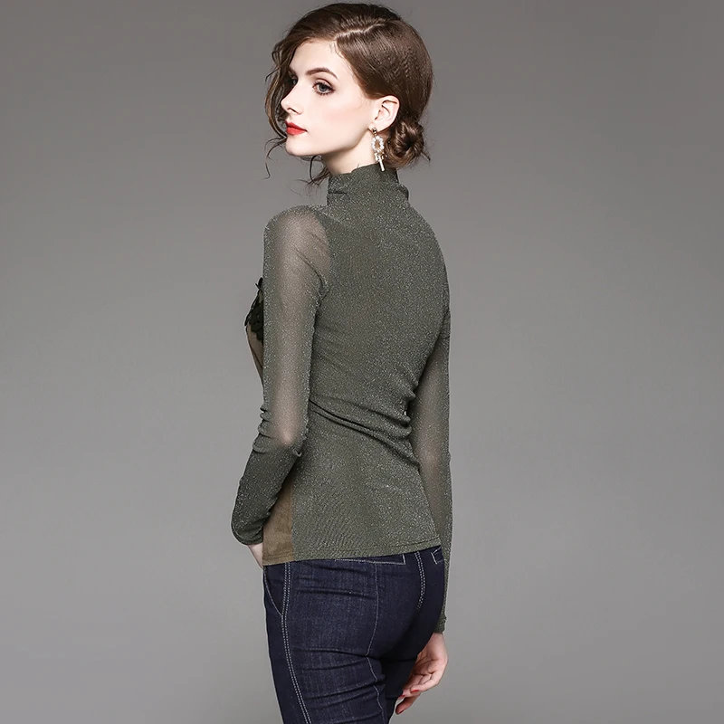 Блузка женская демисезонная с блестками темно зеленая|autumn women blouses|blouse transparentwomen