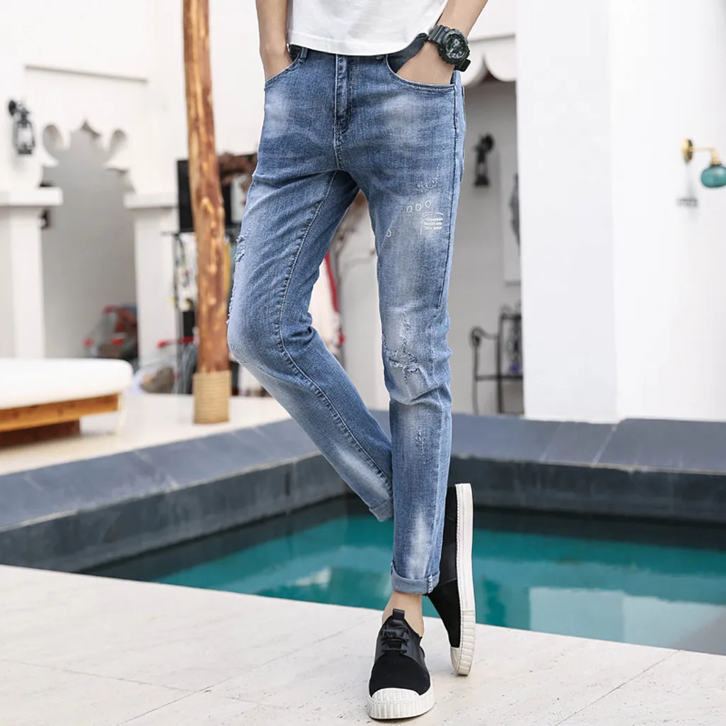 2019Men New Casual Denim Straight Hole Trouser Jeans Belt Long Pant 30-36 pantalones hombre streetwear joggers cargo pants men | Мужская