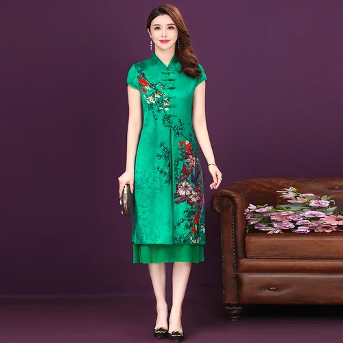 

2021 Spring Summer Short Sleeve Silk Women Dress New Style Big Code Xxxxl Improved Cheongsam Elegant Temperament Female Dresses