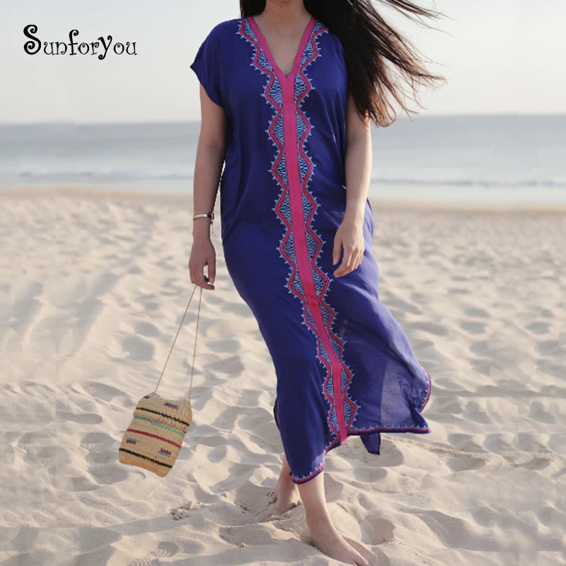 Длинное хлопковое пляжное платье саронга накидка на бикини с вышивкой Пляжное