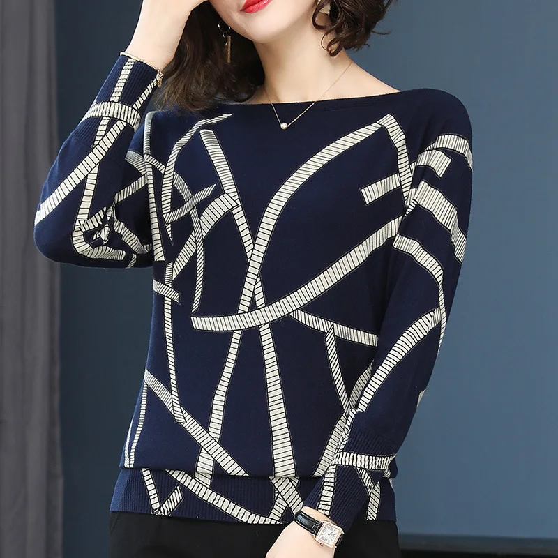 2020 Autumn Loose Sweater Geometric Print Block O Neck Women Pullover Knitwear Jerseys and Sweaters Long Sleeve Knitted | Женская одежда
