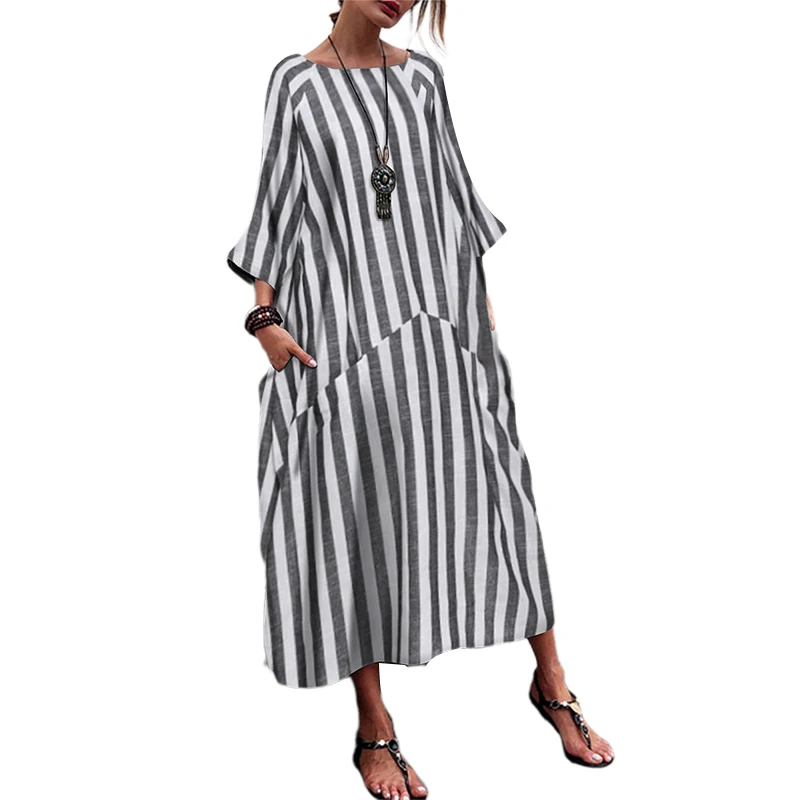 702 Stripe ZANZEA, летнее женское длинное платье в винтажном стиле с принтом, макси vestidos, сарафан, женское богемное хлопковое льняное платье большого размера - Цвет: 702 Stripe