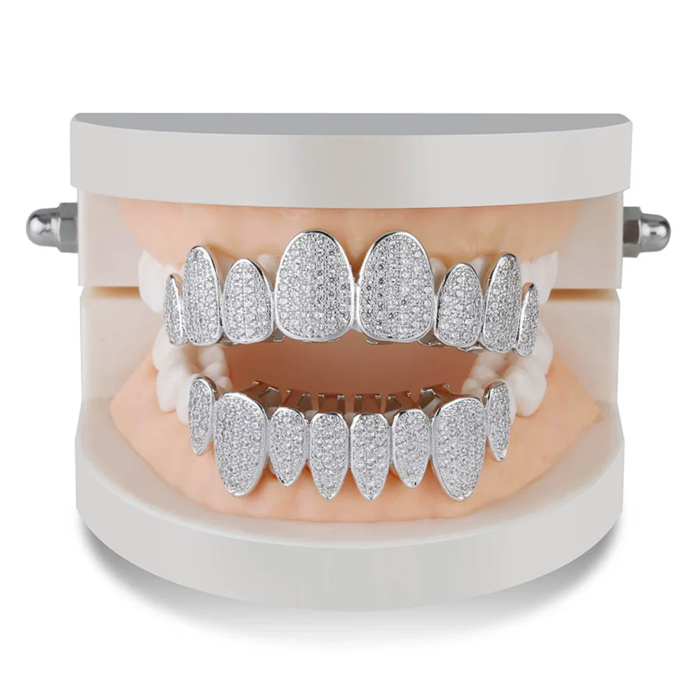 JINAO серебряный цвет Iced Out Gold Grillz ювелирные изделия с кристаллами Верхняя Нижняя решетка 8 зубов ювелирные изделия для тела хип-хоп Bling AAA кубический циркон для мужчин
