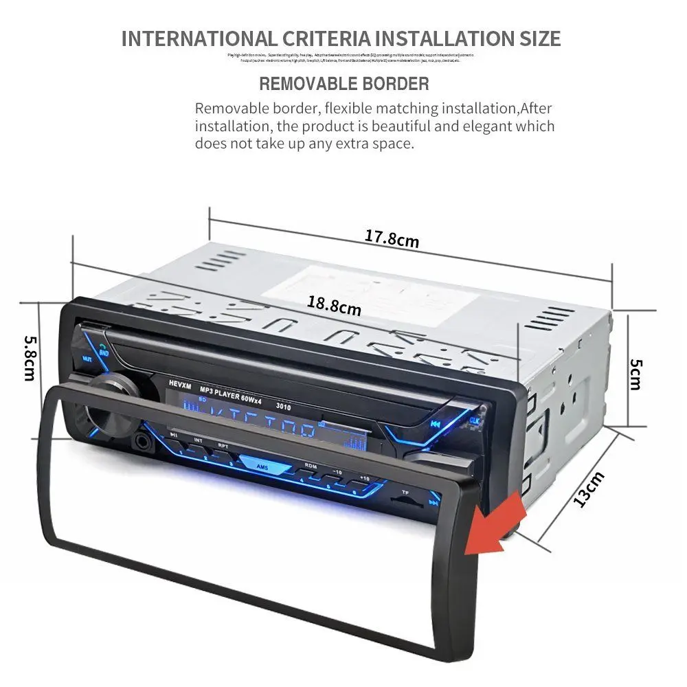 Фото Автомагнитола ESSGOO 1 Din, Bluetooth-радио, Автомобильный MP3-плеер 4x60 Вт, поддержка FM, AUX, TF, 7 цветов, изменение звука, воспроизведение музыки №3