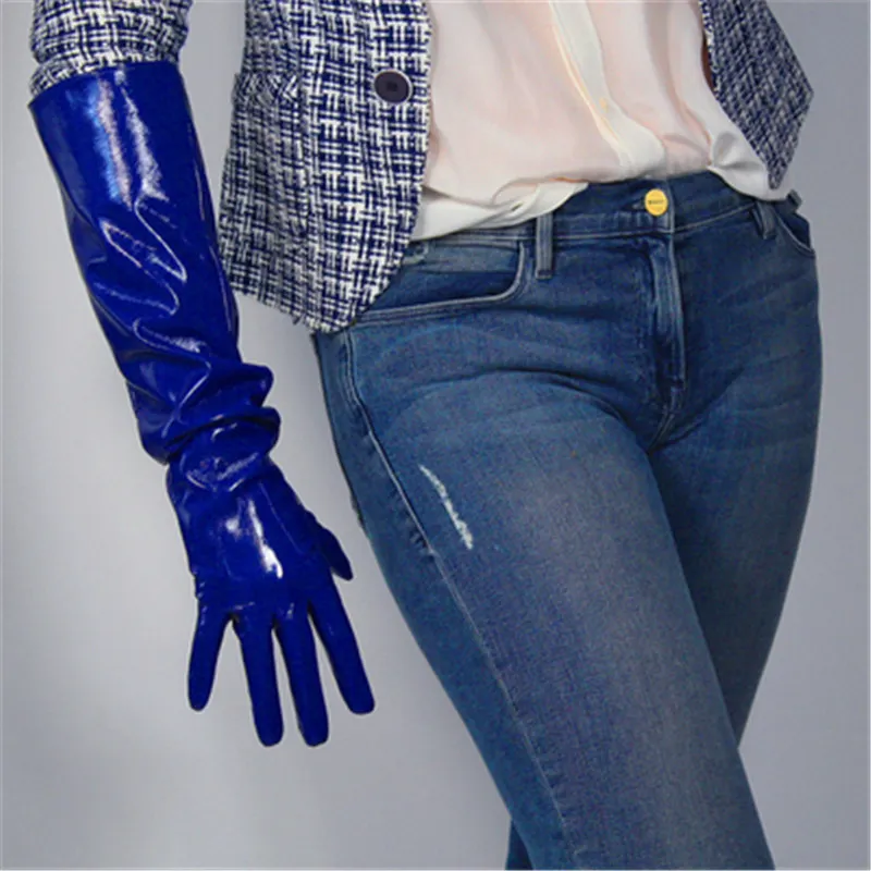 patent leather blue Лакированные кожаные женские перчатки 50 см большой рукав широкий манжет фонарь рукав эмуляция кожа зеркало ярко-розовая Мужская Женская P50W-4 - Цвет: patent leather blue