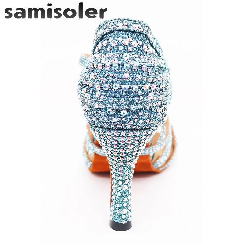 

Samisoler blue Rhinestone ballroom dance shoes women Salsa dance shoes women Professional tango Latin Shoes style high heels