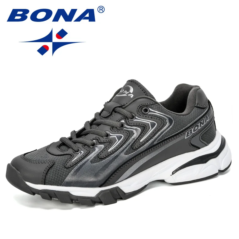 Dark silver gray BONA/Новинка года; стильные мужские кроссовки для бега; уличная спортивная обувь; кроссовки из яловичного спилка; Мужская Удобная спортивная обувь; трендовая обувь - Цвет: Dark silver gray