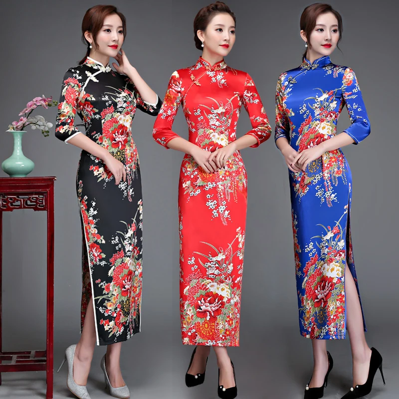 Eski şangay zarif kadın saten Qipao ince 3/4 kollu uzun elbise yeni geleneksel çin Mandarin yaka Cheongsam Vestidos