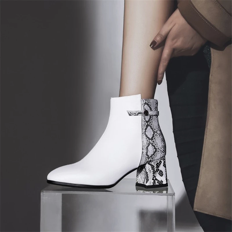OCQBI Mixed Colors Snake Boots Fashion Rivet Square Toe Party Plus Size 43 Whiter White Thick Heels Sexy Women 2018 | Обувь